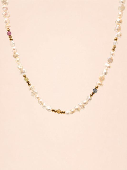 Collier en acier inoxydable, perles d’eau douce et pierres naturelles